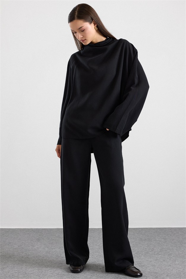 Degaje Yaka Oversize Pantolon Bluz İkili Takım SİYAH 9483-TK