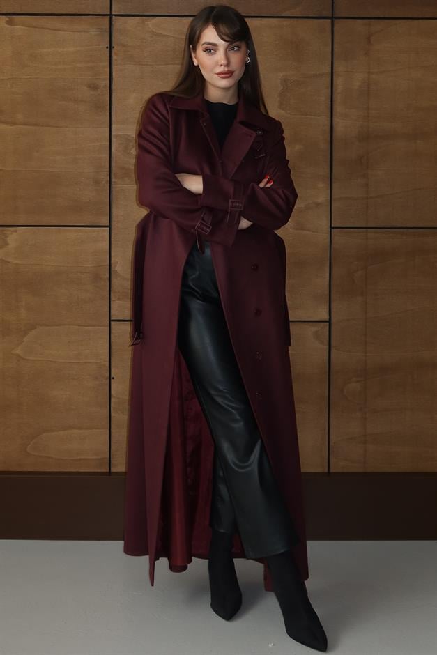 Deri Aksesuarlı Çıt Çıt Detaylı Gabardin Süet Görünümlü Pardesü BORDO 6803