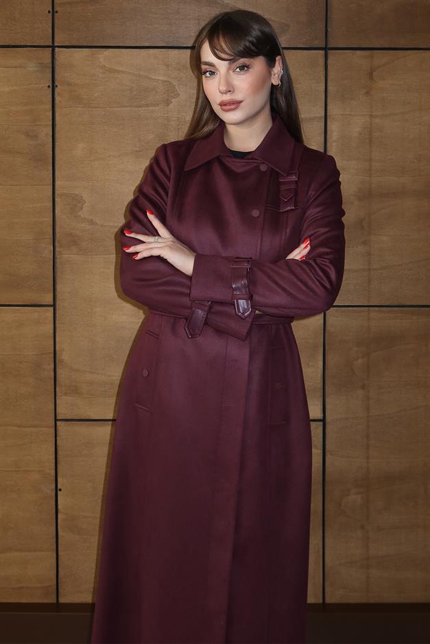 Deri Aksesuarlı Çıt Çıt Detaylı Gabardin Süet Görünümlü Pardesü BORDO 6803