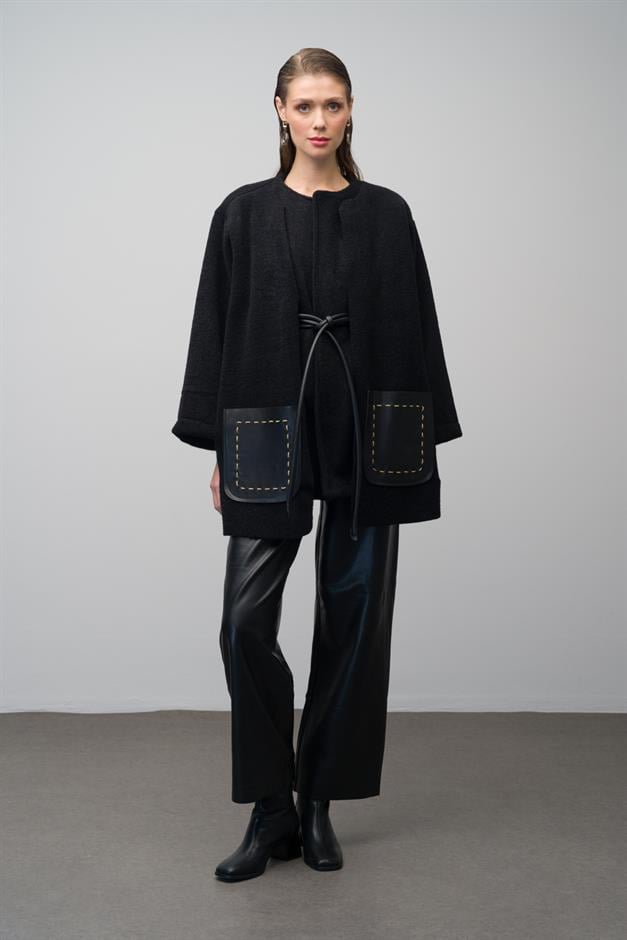 Unlined Casual Coat with Leather Pocket and Belt Detail BLACK 3076