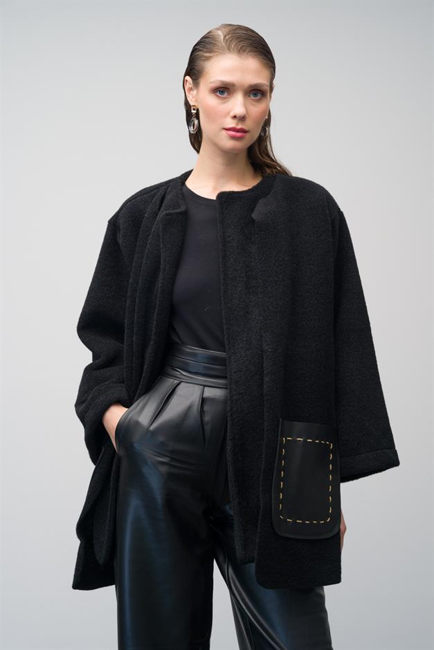 Unlined Casual Coat with Leather Pocket and Belt Detail BLACK 3076