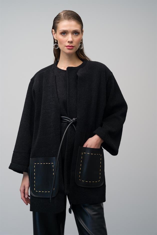 Unlined Casual Coat with Leather Pocket and Belt Detail BLACK 3076