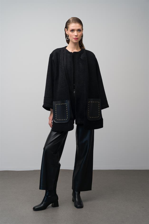 Unlined Casual Coat with Leather Pocket and Belt Detail BLACK 3076