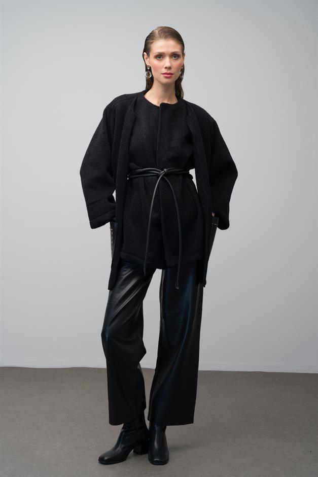 Unlined Casual Coat with Leather Pocket and Belt Detail BLACK 3076