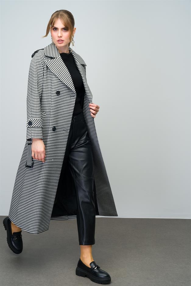 Oversize Houndstooth Patterned Mid-Length Coat with Leather Details BLACK 3027