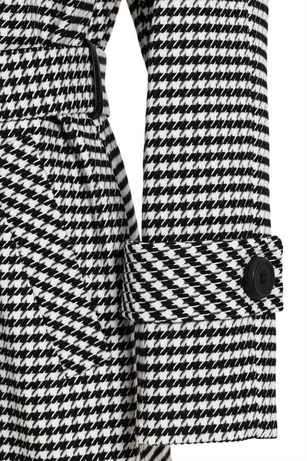 Oversize Houndstooth Patterned Mid-Length Coat with Leather Details BLACK 3027