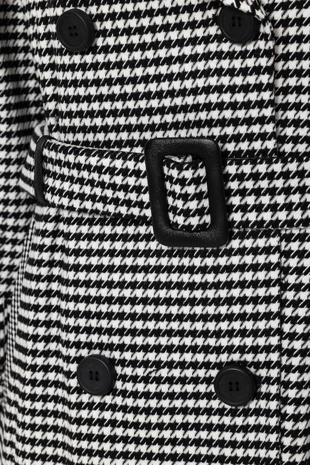 Oversize Houndstooth Patterned Mid-Length Coat with Leather Details BLACK 3027