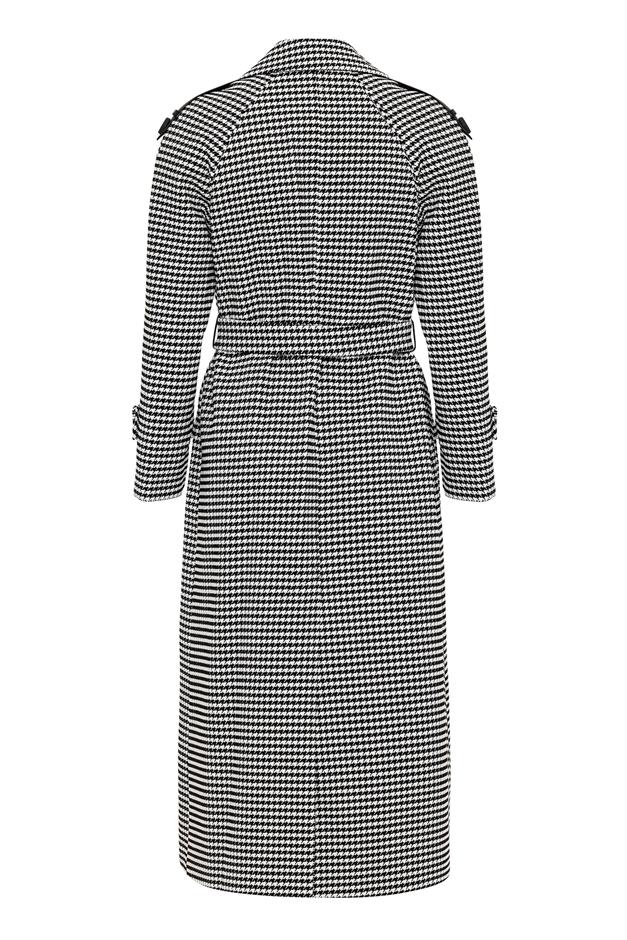 Oversize Houndstooth Patterned Mid-Length Coat with Leather Details BLACK 3027