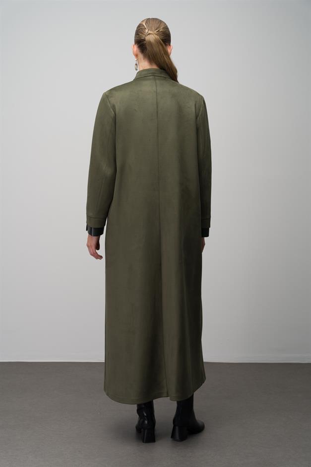 Deri Garnili Büyük Beden Süet Görünümlü Pardesü HAKİ 6671