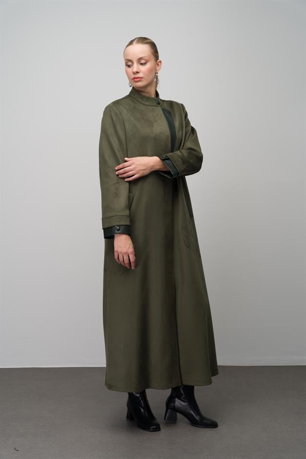 Deri Garnili Büyük Beden Süet Görünümlü Pardesü HAKİ 6671