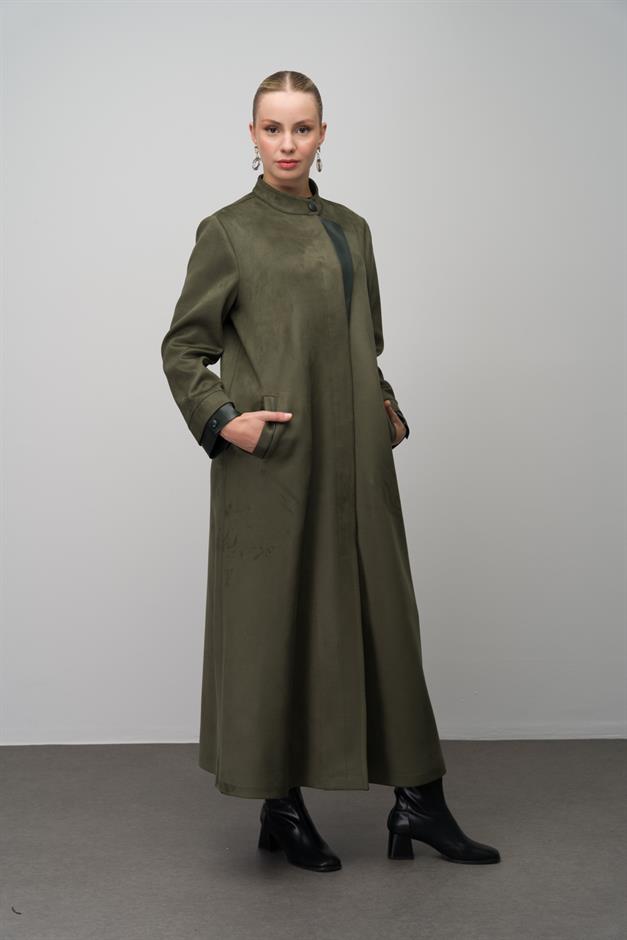 Deri Garnili Büyük Beden Süet Görünümlü Pardesü HAKİ 6671