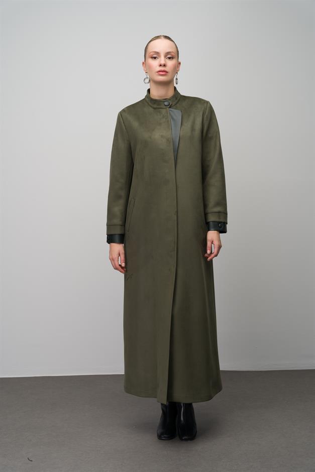 Deri Garnili Büyük Beden Süet Görünümlü Pardesü HAKİ 6671