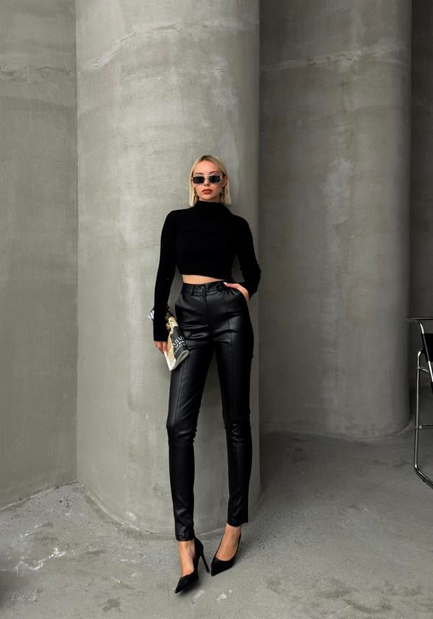 بنطلون ضيق بتفاصيل مخيطة ومظهر جلدي أسود 7562