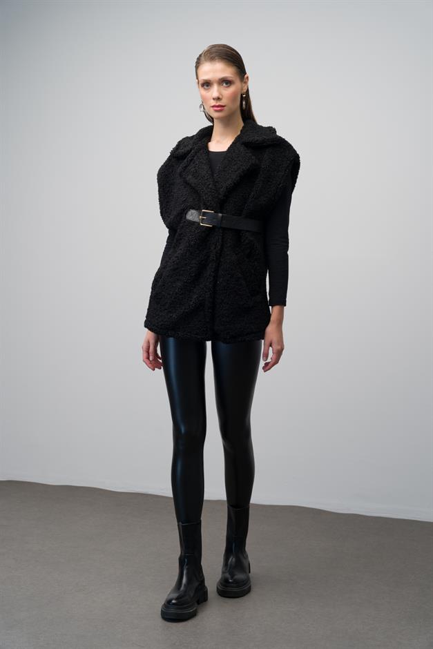 Casual Vest with Leather Belt and Lining BLACK 8242