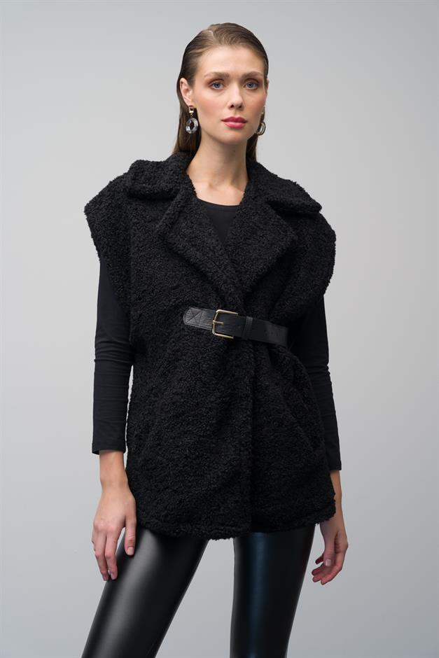 Casual Vest with Leather Belt and Lining BLACK 8242