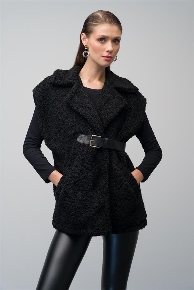 Casual Vest with Leather Belt and Lining BLACK 8242