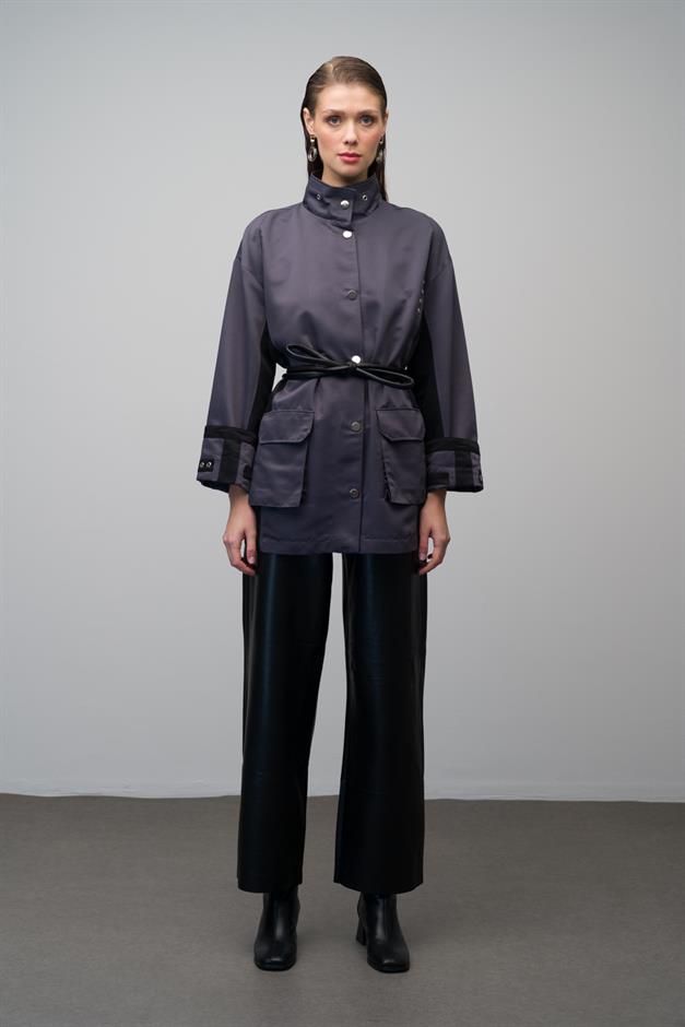 Leather Belted Garni Detailed Unlined Short Trench Coat HARD COAL 6670