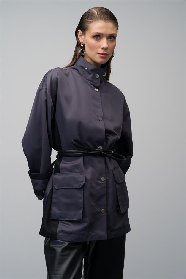 Leather Belted Garni Detailed Unlined Short Trench Coat HARD COAL 6670