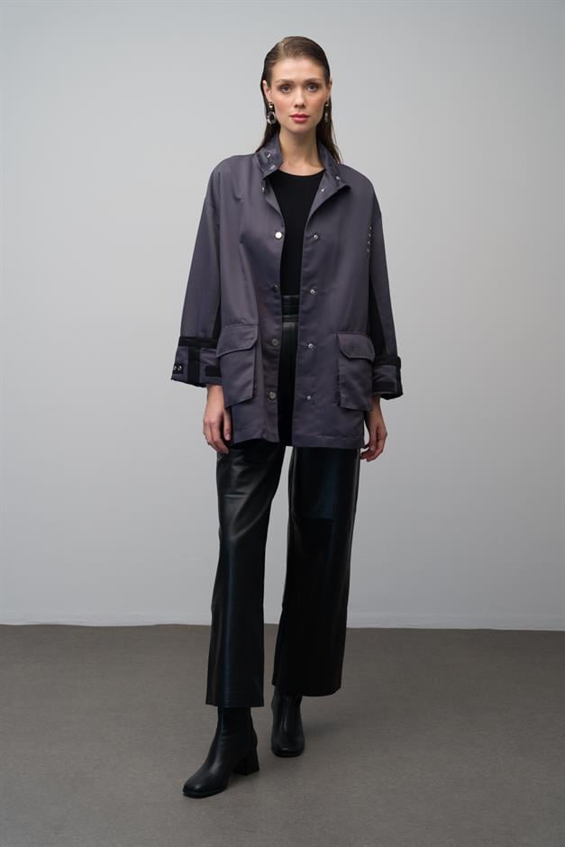 Leather Belted Garni Detailed Unlined Short Trench Coat HARD COAL 6670