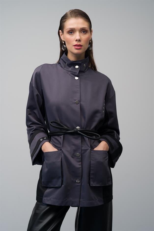 Leather Belted Garni Detailed Unlined Short Trench Coat HARD COAL 6670