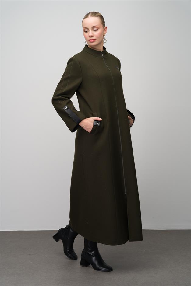 Deri ve Aksesuar Detaylı Yün Karışımlı Büyük Beden Pardesü HAKİ 6629