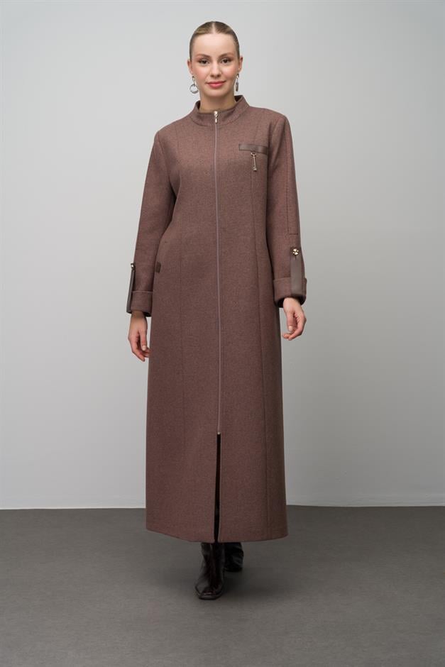 Deri ve Aksesuar Detaylı Yün Karışımlı Büyük Beden Pardesü KAHVE MELANJ 6629