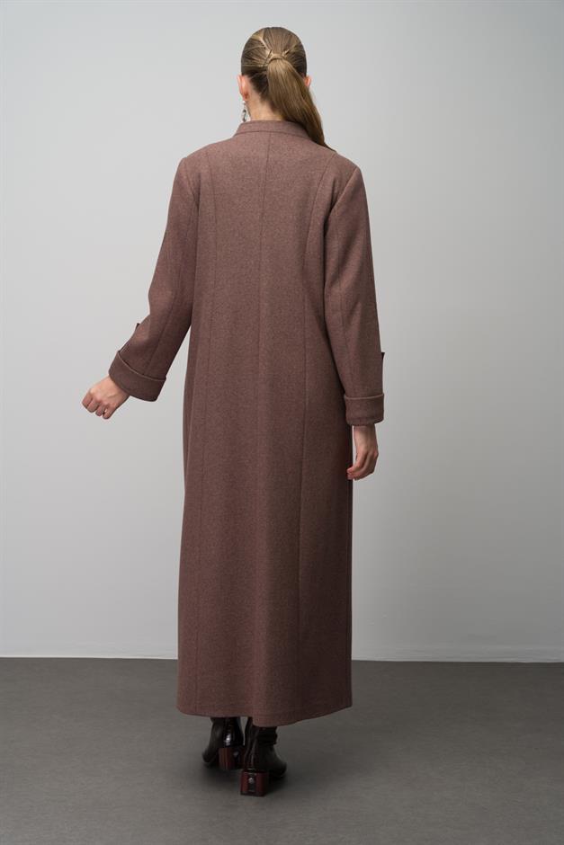 Deri ve Aksesuar Detaylı Yün Karışımlı Büyük Beden Pardesü KAHVE MELANJ 6629