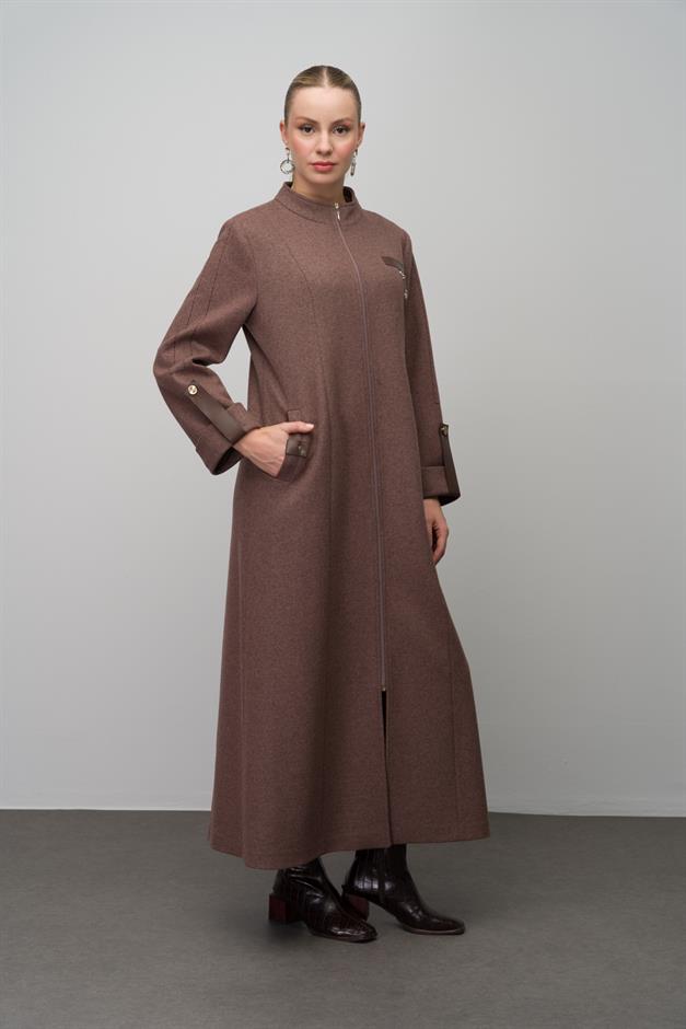 Deri ve Aksesuar Detaylı Yün Karışımlı Büyük Beden Pardesü KAHVE MELANJ 6629
