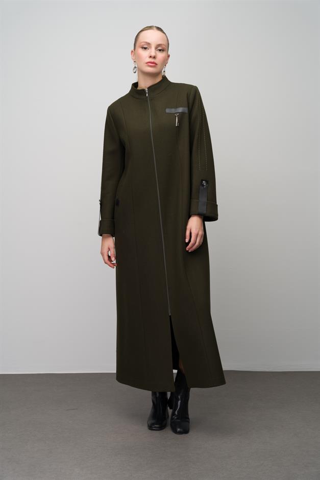 Deri ve Aksesuar Detaylı Yün Karışımlı Büyük Beden Pardesü HAKİ 6629