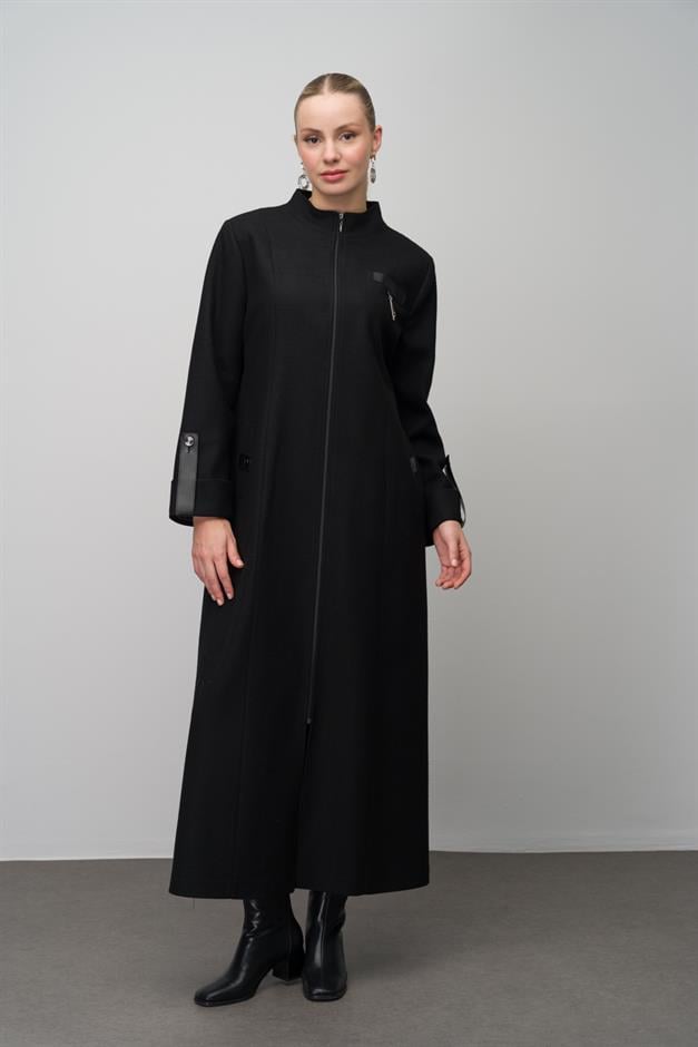 Deri ve Aksesuar Detaylı Yün Karışımlı Büyük Beden Pardesü SİYAH 6629