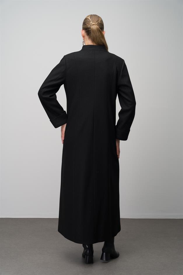 Deri ve Aksesuar Detaylı Yün Karışımlı Büyük Beden Pardesü SİYAH 6629