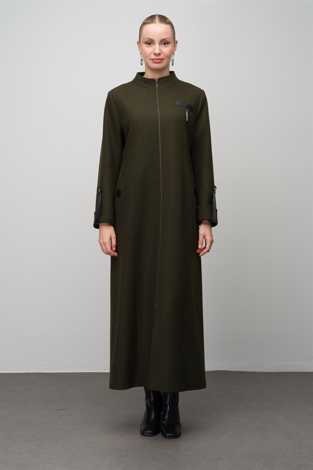 Deri ve Aksesuar Detaylı Yün Karışımlı Büyük Beden Pardesü HAKİ 6629