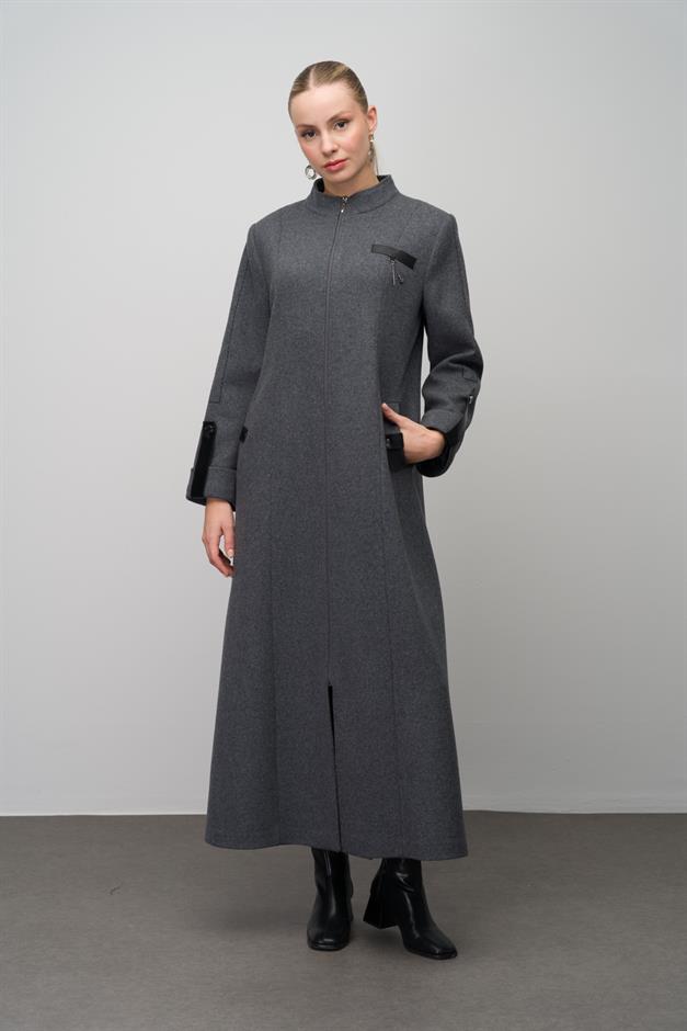 Deri ve Aksesuar Detaylı Yün Karışımlı Büyük Beden Pardesü ANTRASİT 6629