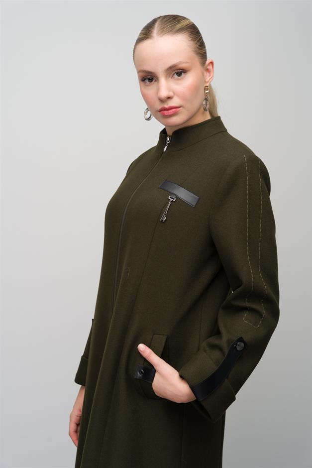 Deri ve Aksesuar Detaylı Yün Karışımlı Büyük Beden Pardesü HAKİ 6629