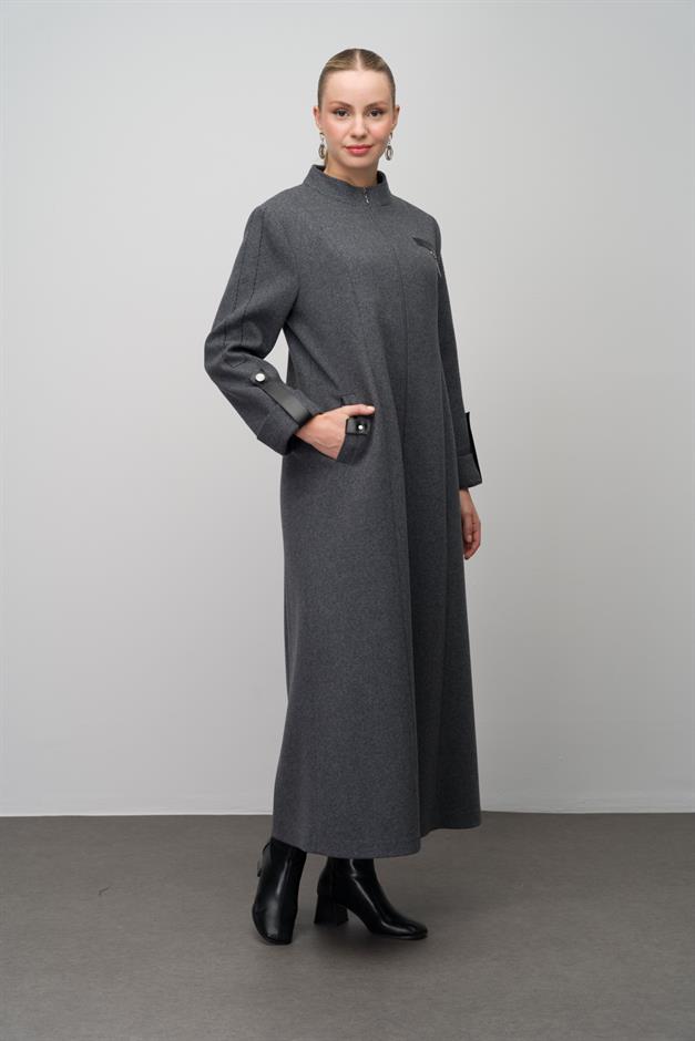 Deri ve Aksesuar Detaylı Yün Karışımlı Büyük Beden Pardesü ANTRASİT 6629