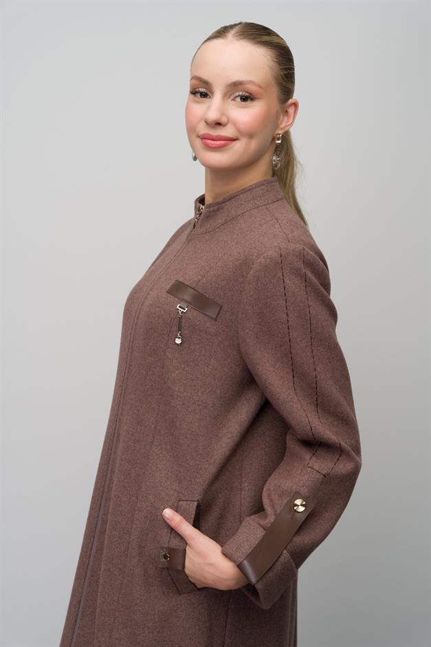 Deri ve Aksesuar Detaylı Yün Karışımlı Büyük Beden Pardesü KAHVE MELANJ 6629