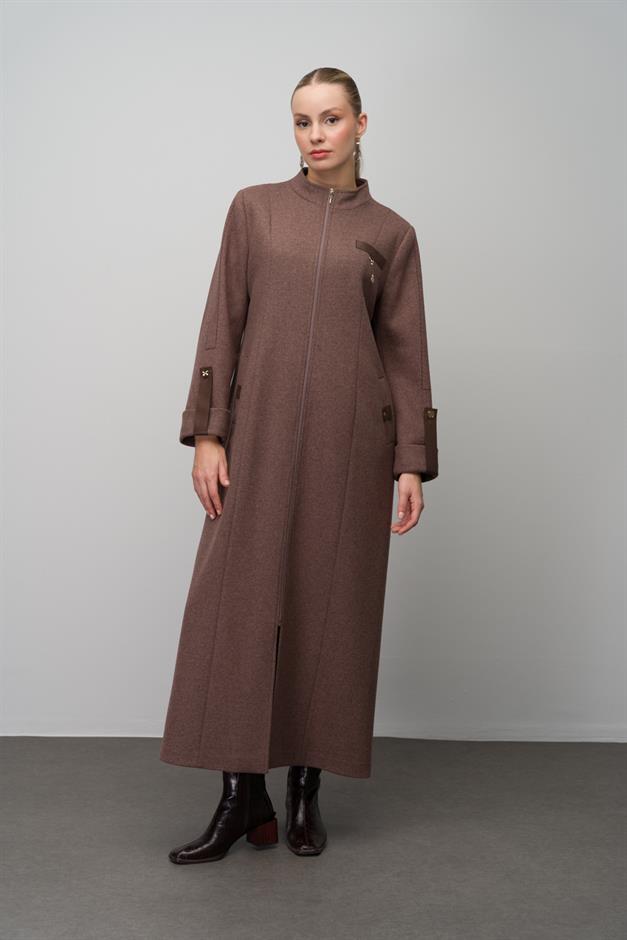 Deri ve Aksesuar Detaylı Yün Karışımlı Büyük Beden Pardesü KAHVE MELANJ 6629