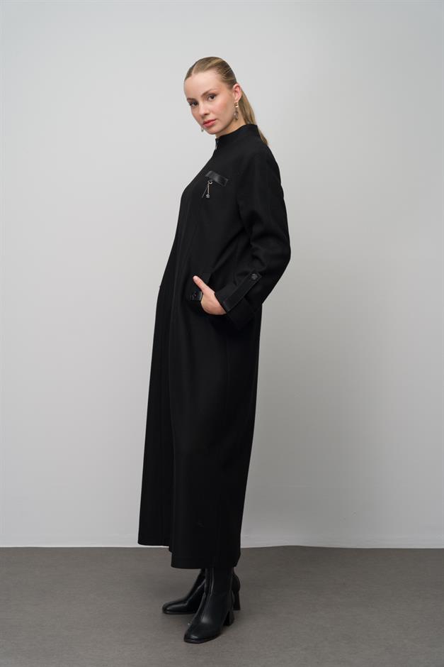 Deri ve Aksesuar Detaylı Yün Karışımlı Büyük Beden Pardesü SİYAH 6629