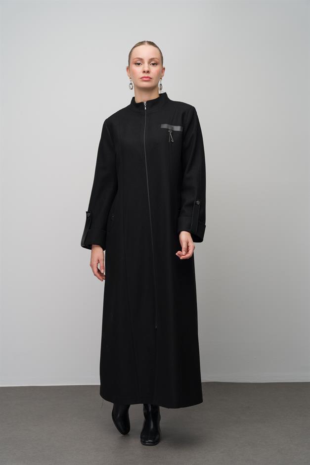 Deri ve Aksesuar Detaylı Yün Karışımlı Büyük Beden Pardesü SİYAH 6629