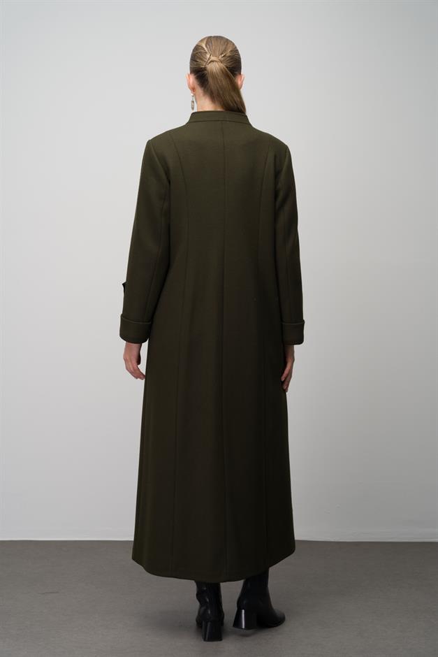 Deri ve Aksesuar Detaylı Yün Karışımlı Büyük Beden Pardesü HAKİ 6629