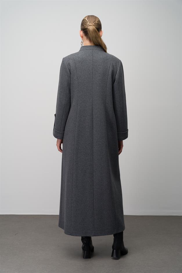 Deri ve Aksesuar Detaylı Yün Karışımlı Büyük Beden Pardesü ANTRASİT 6629