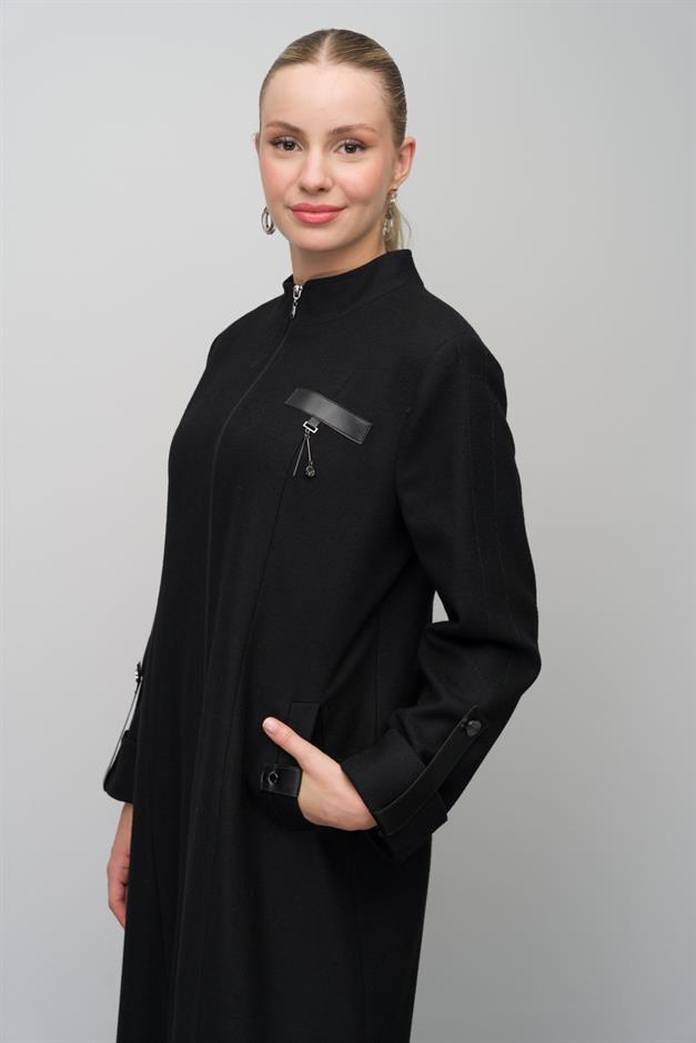 Deri ve Aksesuar Detaylı Yün Karışımlı Büyük Beden Pardesü SİYAH 6629