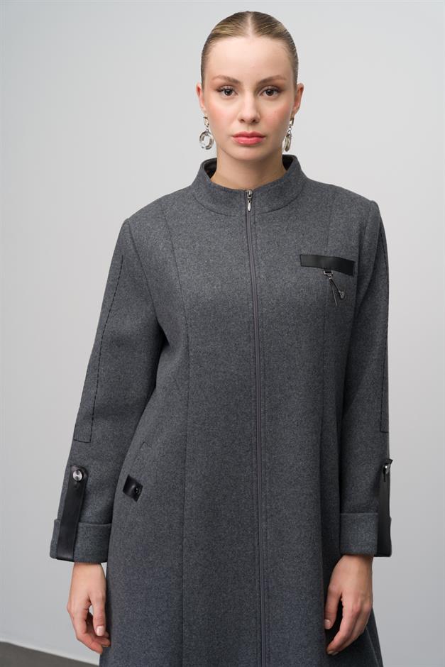 Deri ve Aksesuar Detaylı Yün Karışımlı Büyük Beden Pardesü ANTRASİT 6629