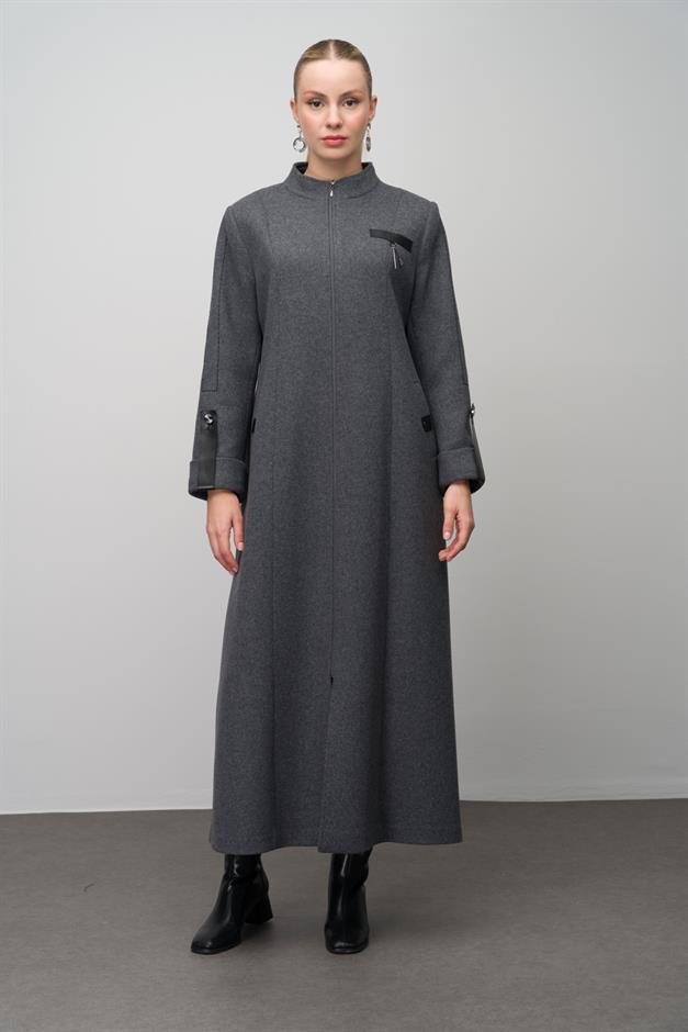 Deri ve Aksesuar Detaylı Yün Karışımlı Büyük Beden Pardesü ANTRASİT 6629