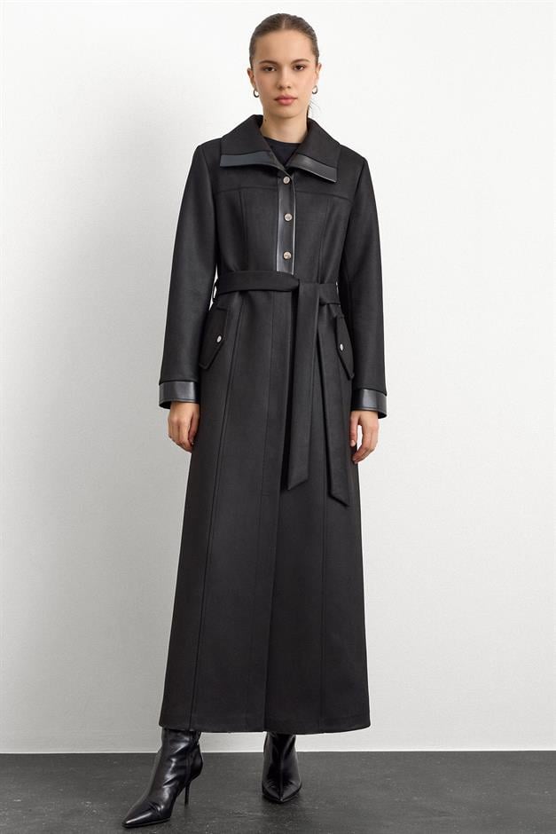 Deri ve Çıt Çıt Aksesuarlı Gabardin Süet Pardesü SİYAH 6793