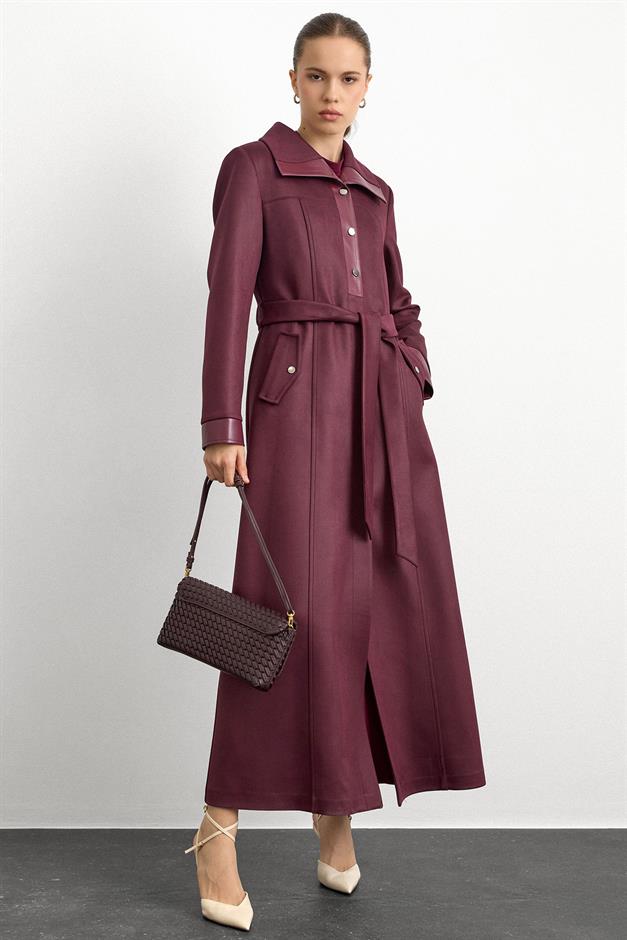 Deri ve Çıt Çıt Aksesuarlı Gabardin Süet Pardesü BORDO 6793