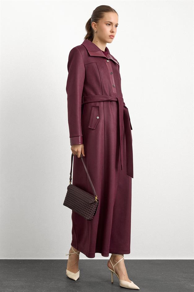 Deri ve Çıt Çıt Aksesuarlı Gabardin Süet Pardesü BORDO 6793