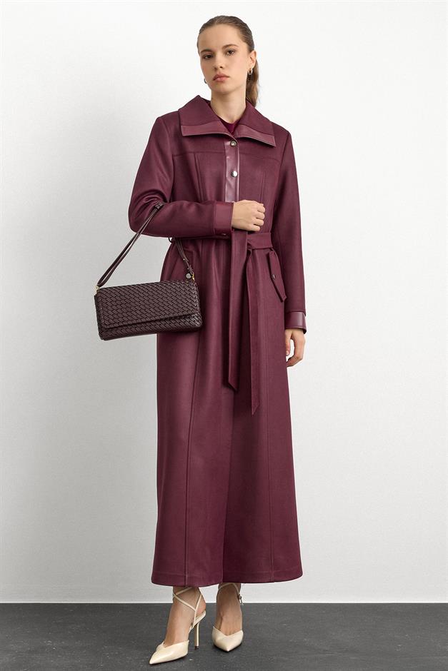 Deri ve Çıt Çıt Aksesuarlı Gabardin Süet Pardesü BORDO 6793