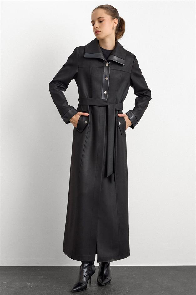 Deri ve Çıt Çıt Aksesuarlı Gabardin Süet Pardesü SİYAH 6793