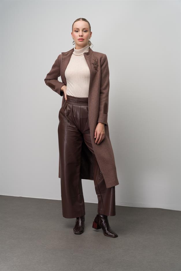 Wool Blend Coat with Leather and Embroidered Details COFFEE MELANGE 6630